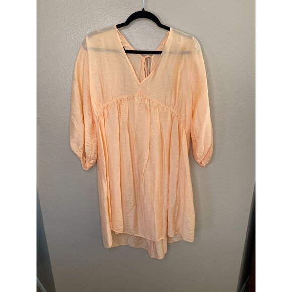 H&M Womens‎ Peach Tunic Dress XL V-Neck Puff Sleeves Viscose Blend oversized - Picture 1 of 7